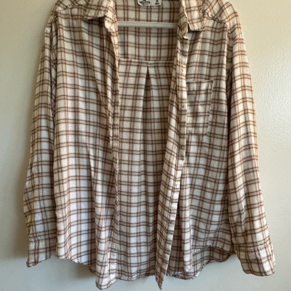 Hollister Cream and Brown Casual Button Down Shirt